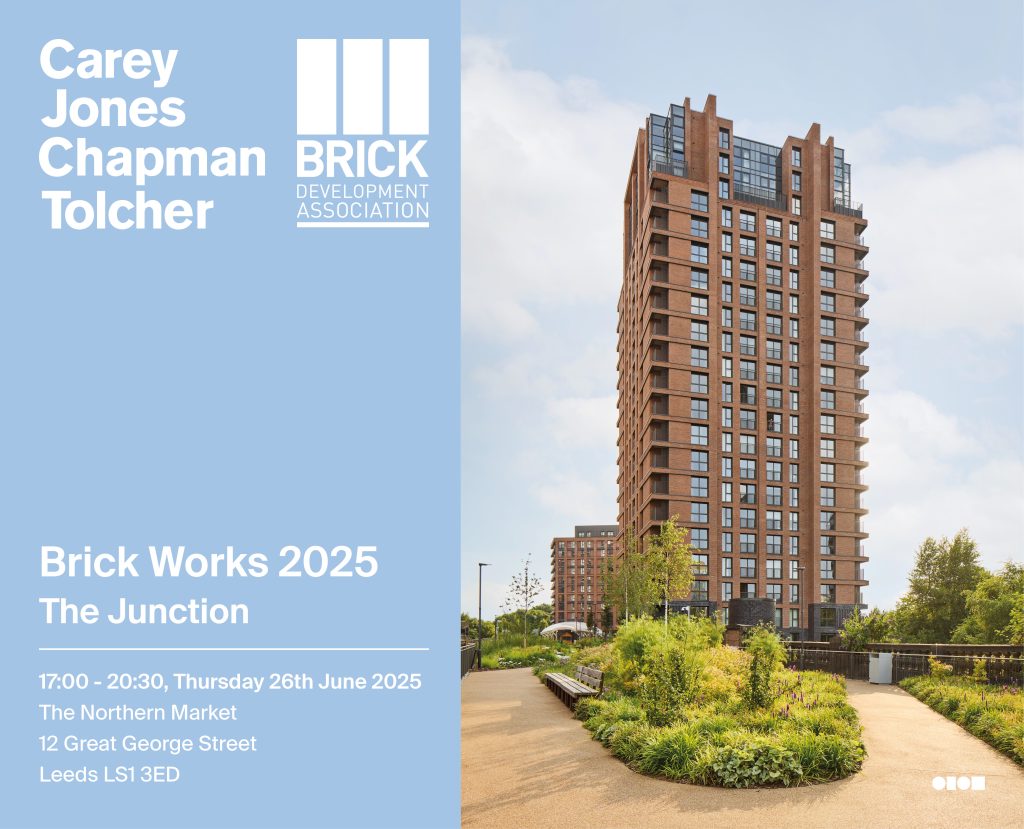 Promotional graphic for Brick Works Leeds, featuring event details overlaid on a photograph of The Junction – a residential development in Leeds by CJCT. The image shows the scheme’s contemporary brick buildings set around the historic Monk Bridge viaduct.